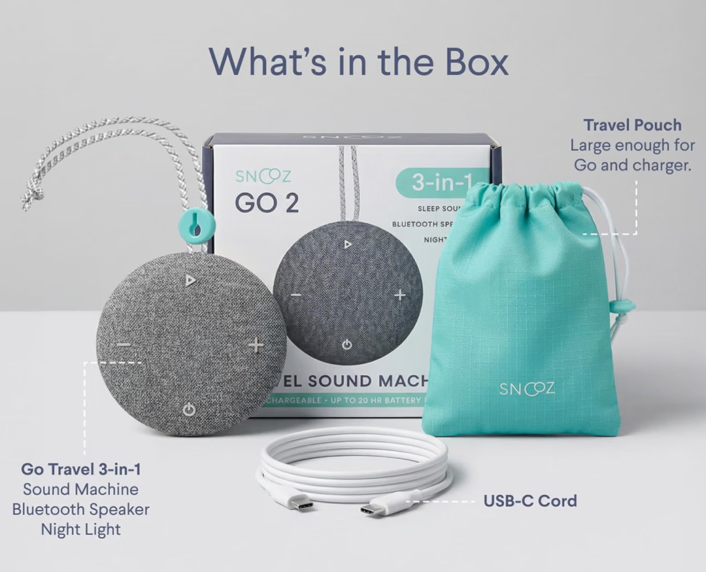 Snooz GO 2 travel 3-in-1 Small portable rechargeable sound machine with multiple sound settings, bluetooth speaker, and night light