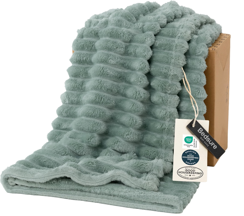 Plush faux fur throw blanket in sage green