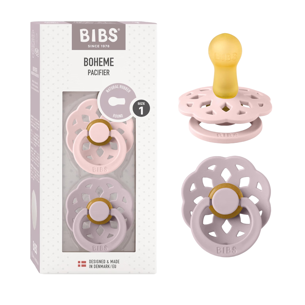 Bibs Boheme bulb-shaped pacifiers in pink and lavender
