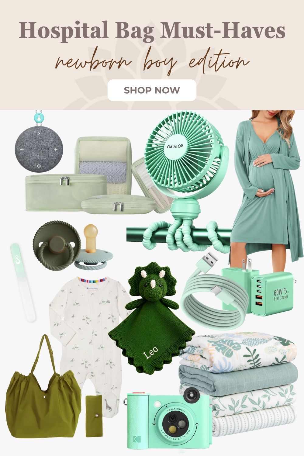 Flat lay collage of hospital bag essentials for a newborn baby boy in shades of green and sage, including swaddle blankets, a knit lovey, a clip-on fan, a wooden stats sign, and baby slippers