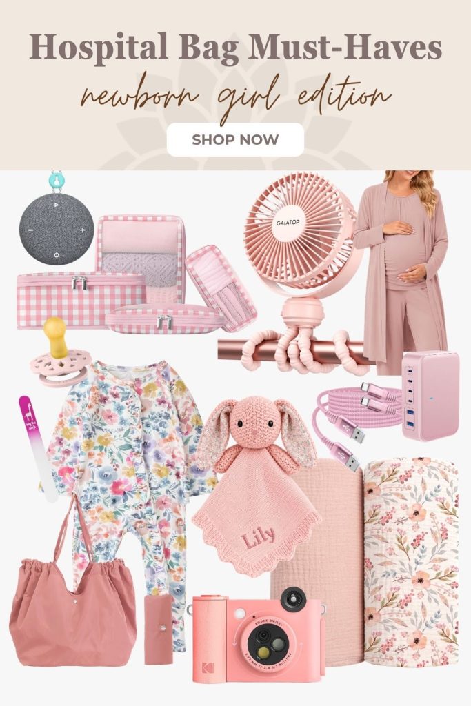 Flat lay collage of hospital bag essentials for a newborn baby girl, including a soft pink muslin swaddle blanket, a floral convertible sleeper, a clip-on stroller fan, a glass baby nail file, a bulb-style pacifier, a sound machine, packing cubes, an instant camera, and a pink bunny lovey, arranged on a white neutral background.