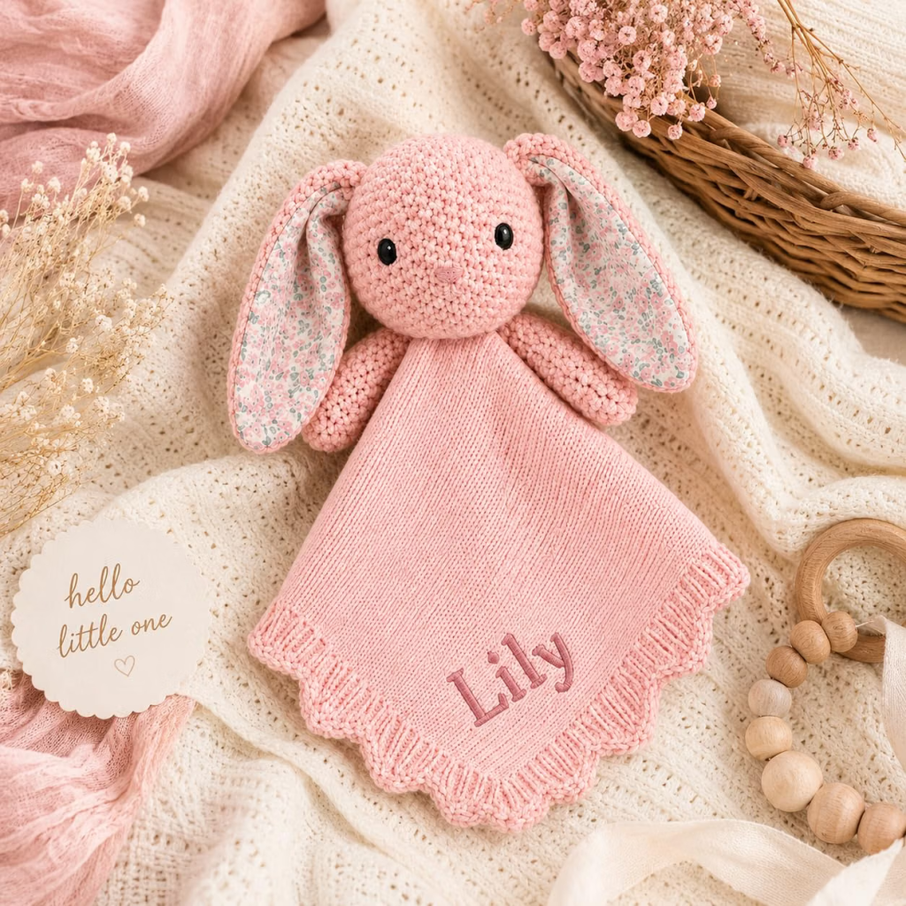 Knit lovey with a bunny head and soft blanket body, personalized with embroidered name