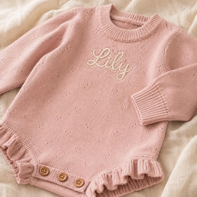 Pink ruffled sweater onesie with baby's name embroidered on the front