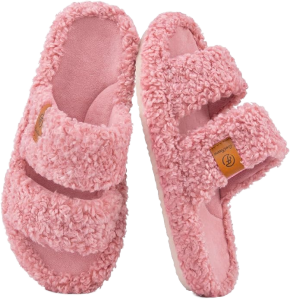 Pink fuzzy slippers with memory foam soles