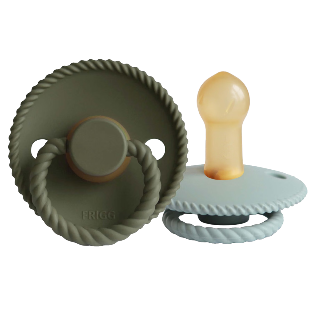Bulb-shaped pacifiers with a rope-textured design in green and sage
