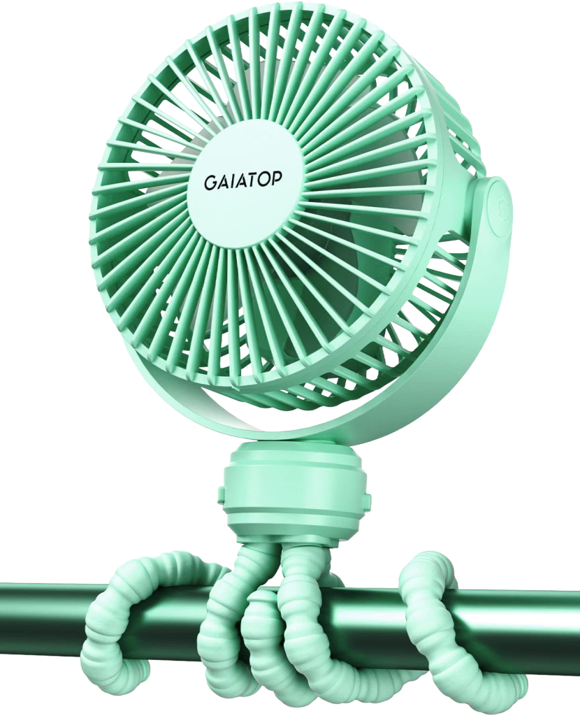 Green clip-on stroller fan can be attached to a hospital bed rail