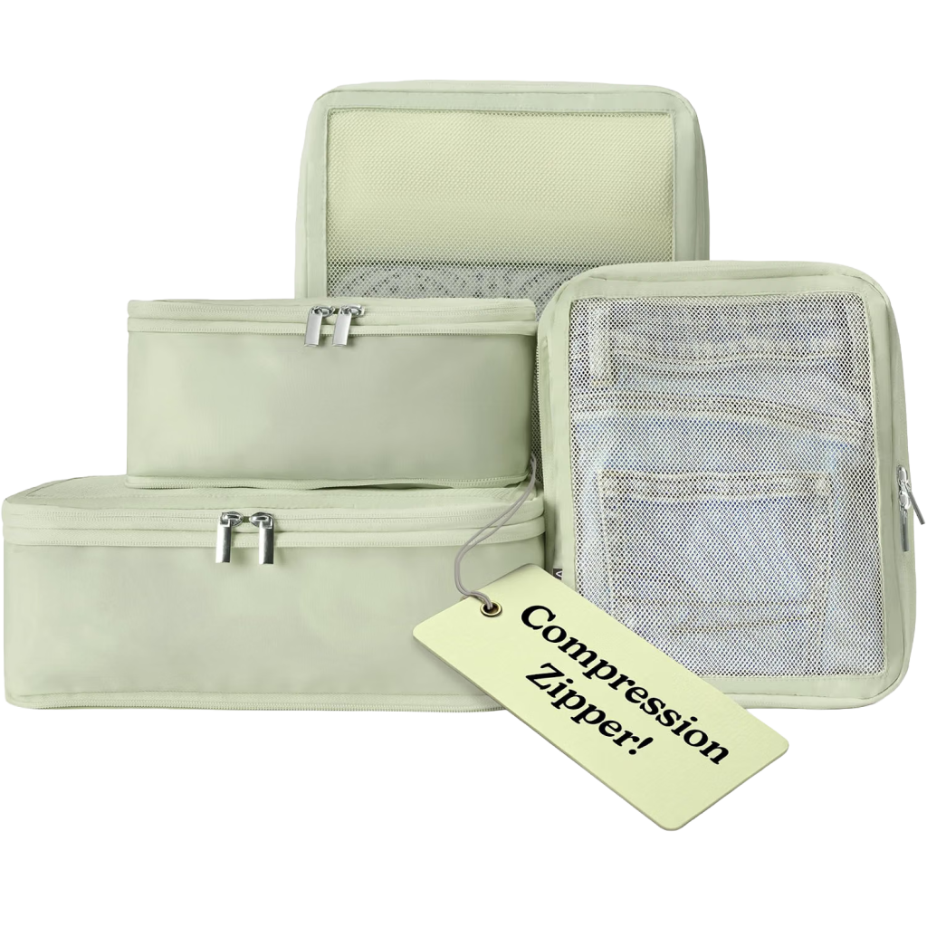 Set of green packing cubes with compression zippers