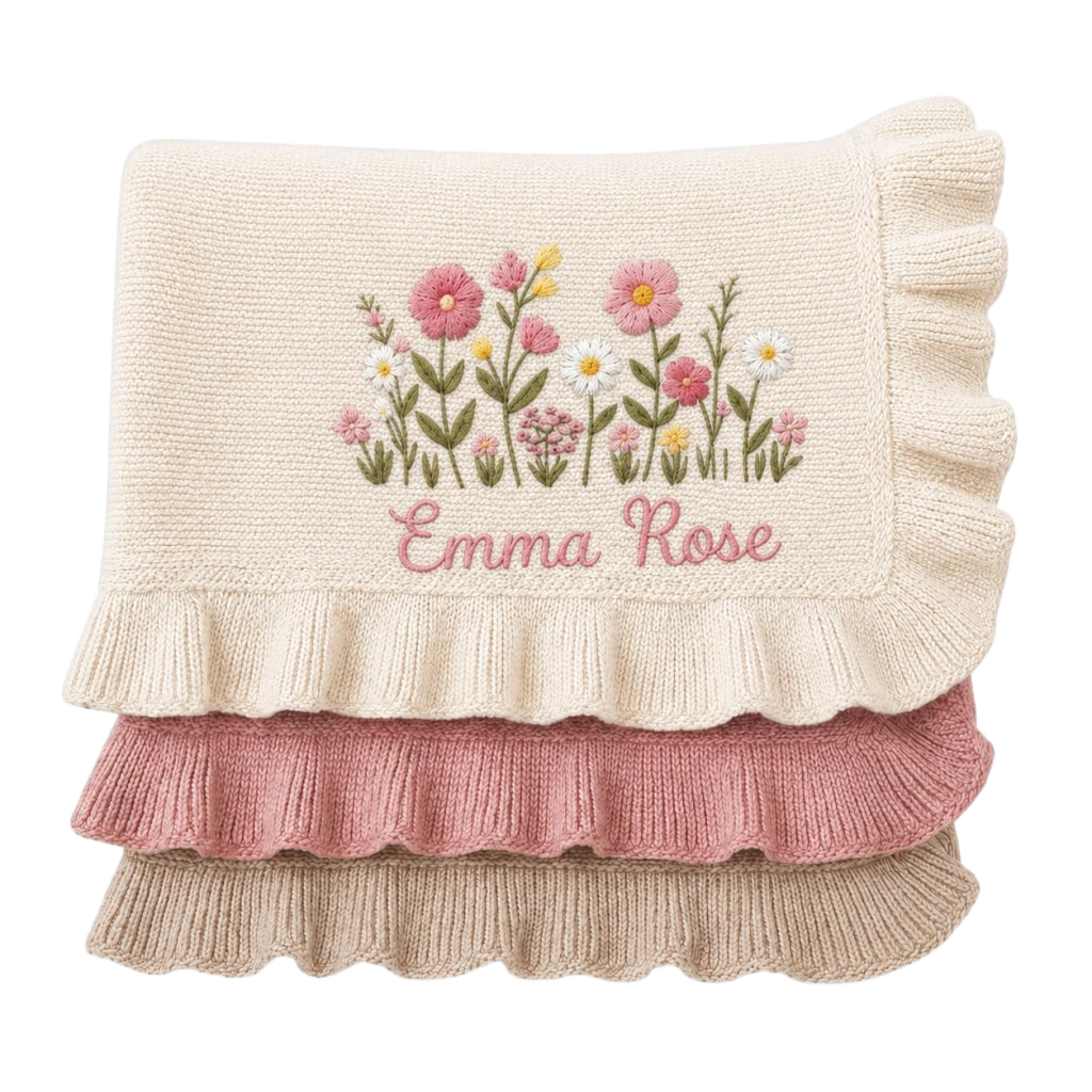 Knitted ruffled blanket with baby's name and floral embroidery, used as a photo backdrop