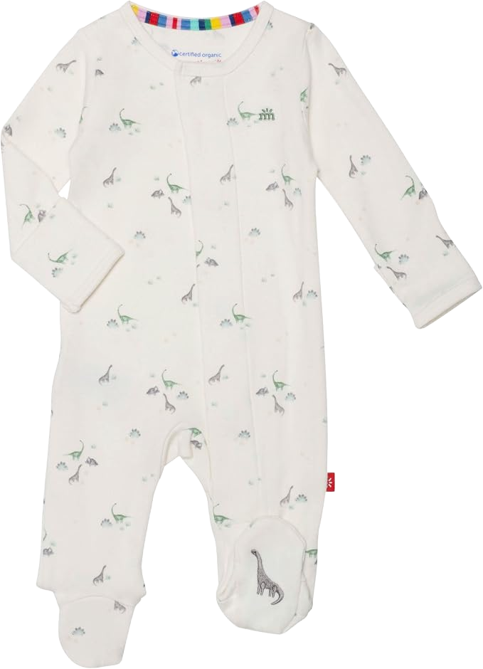 Footie pajamas with an embroidered dinosaur on the foot and magnetic closures