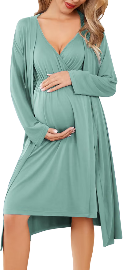 Green maternity breastfeeding birth gown and matching long-sleeve robe