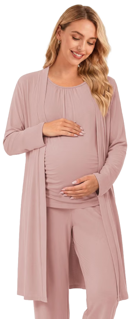 Soft pink long-sleeve robe and pajama set for hospital photos