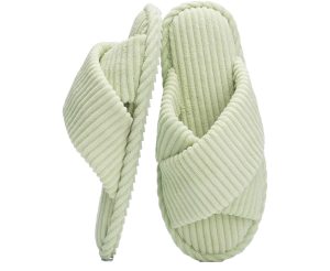 Light green fuzzy slippers with memory foam soles