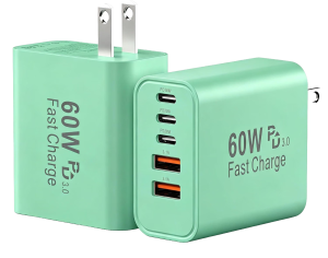 Green multi-port charging block for phones and small devices