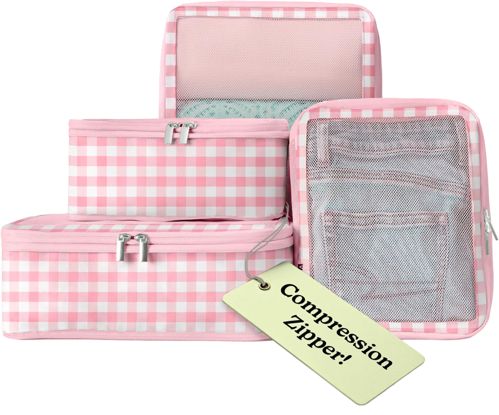 Set of pink gingham packing cubes with compression zippers for a hospital bag