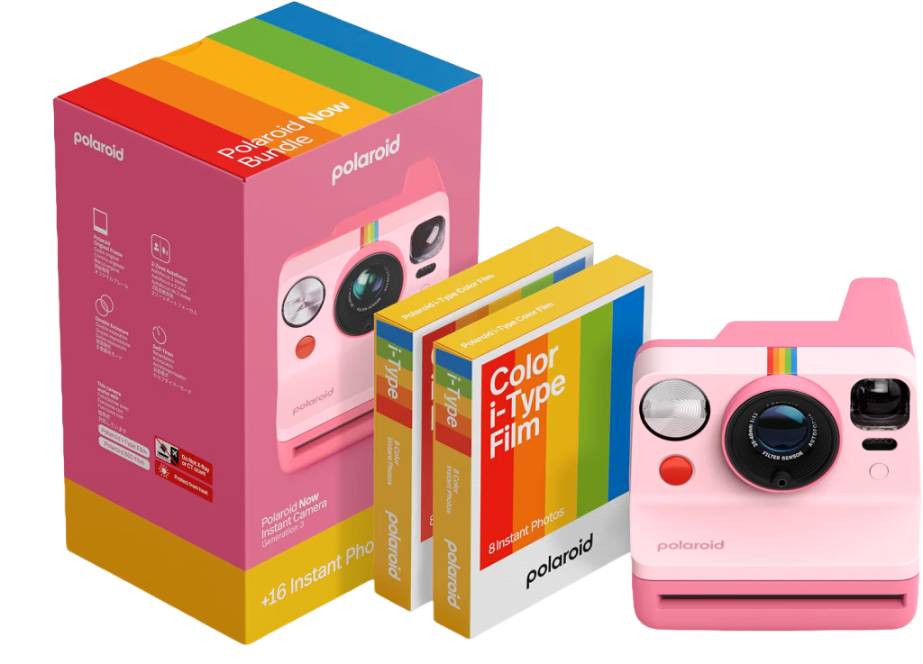 Poloroid Now Bundle - Pink instant Polaroid camera with a pack of instant film