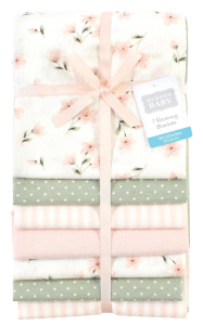 Stack of cotton flannel receiving blankets in floral and assorted patterns