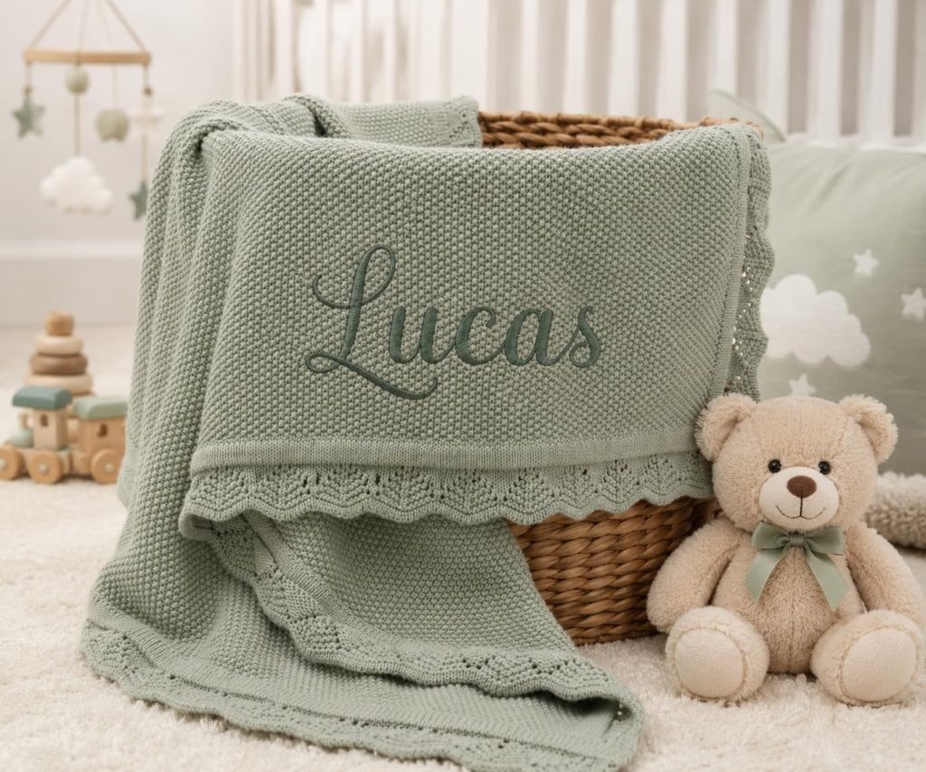 Knitted blanket with baby's name embroidered, in sage green