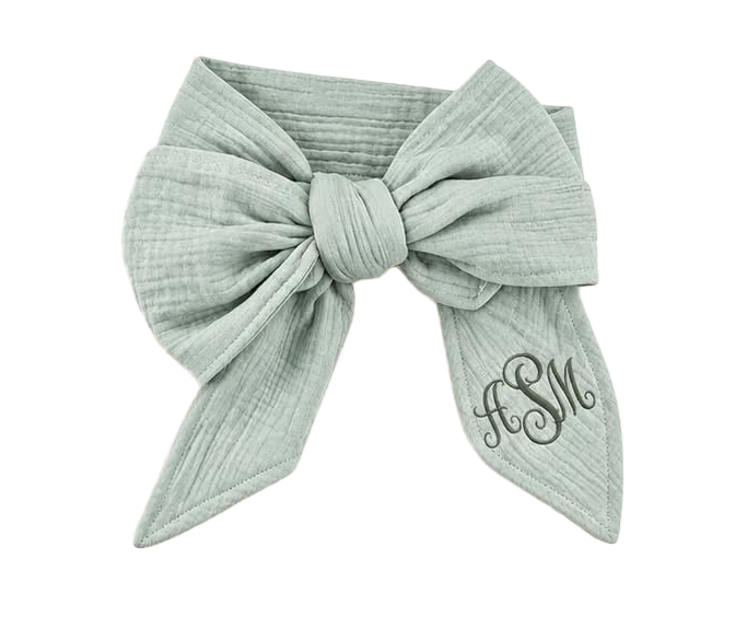 Sage green bow sash with embroidered monogram initials