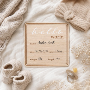 hello world square wooden newborn statistics sign