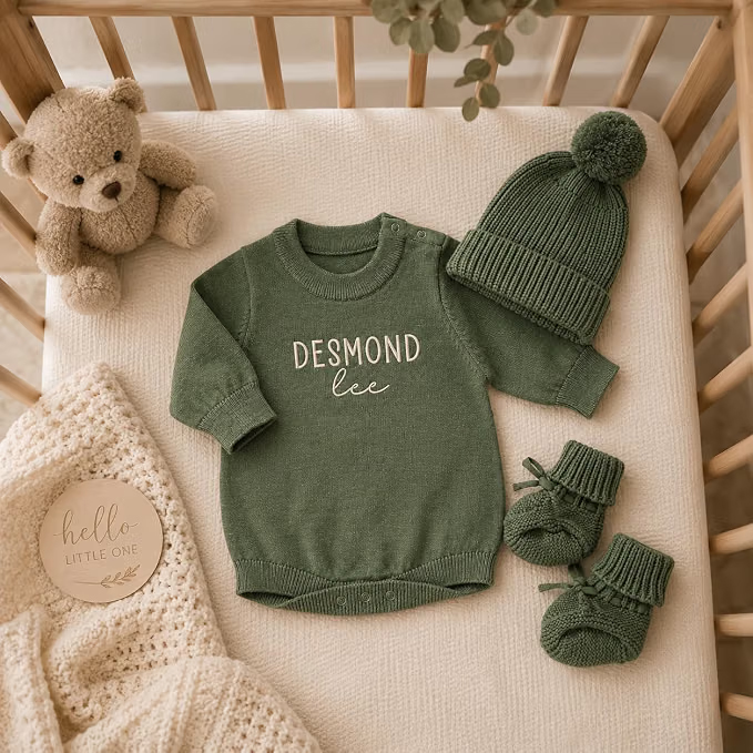 Green knit sweater onesie with baby's name, matching knit hat with pom pom, and booties